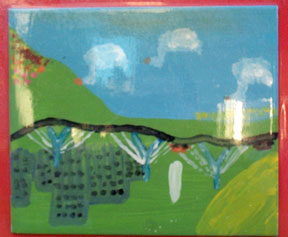 kid art: landscape with inverted duck-shaped clouds and building-shaped ponds